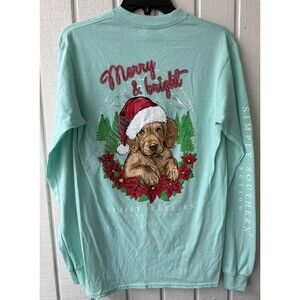 NWT Simply Southern Long Sleeve Teal Golden Puppy Merry Bright Christmas Small